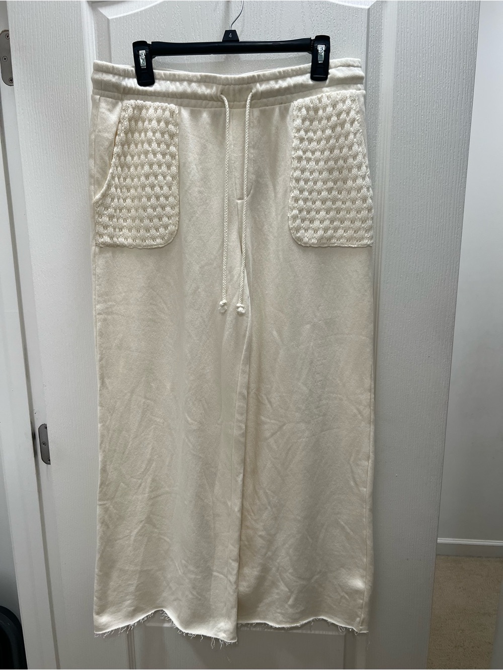 Peace Love World Cream Ankle Pant French Terry Fabric and Crochet Pocket Details